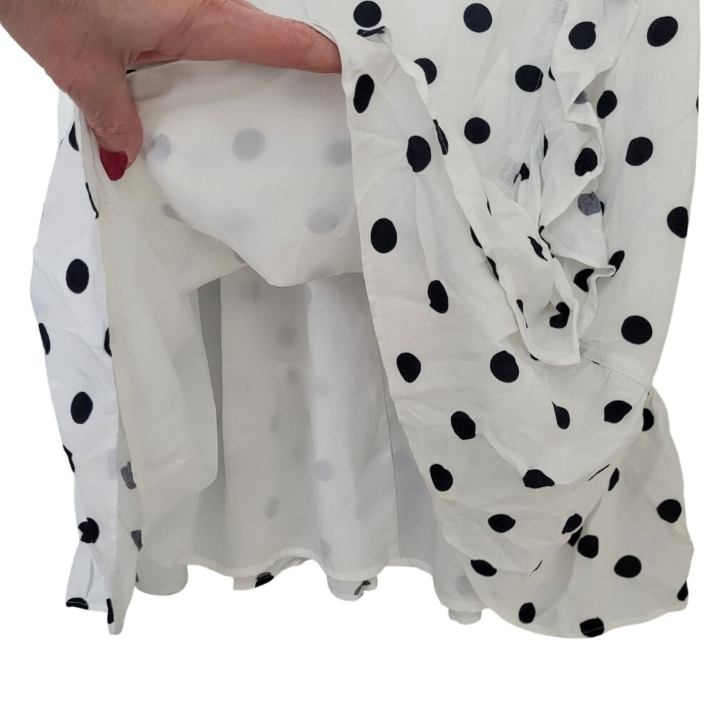 J. Crew Faux Wrap Dress Fawn Polka Dot Ruffle Size 4 White Black Cap Sleeve - Picture 5 of 9